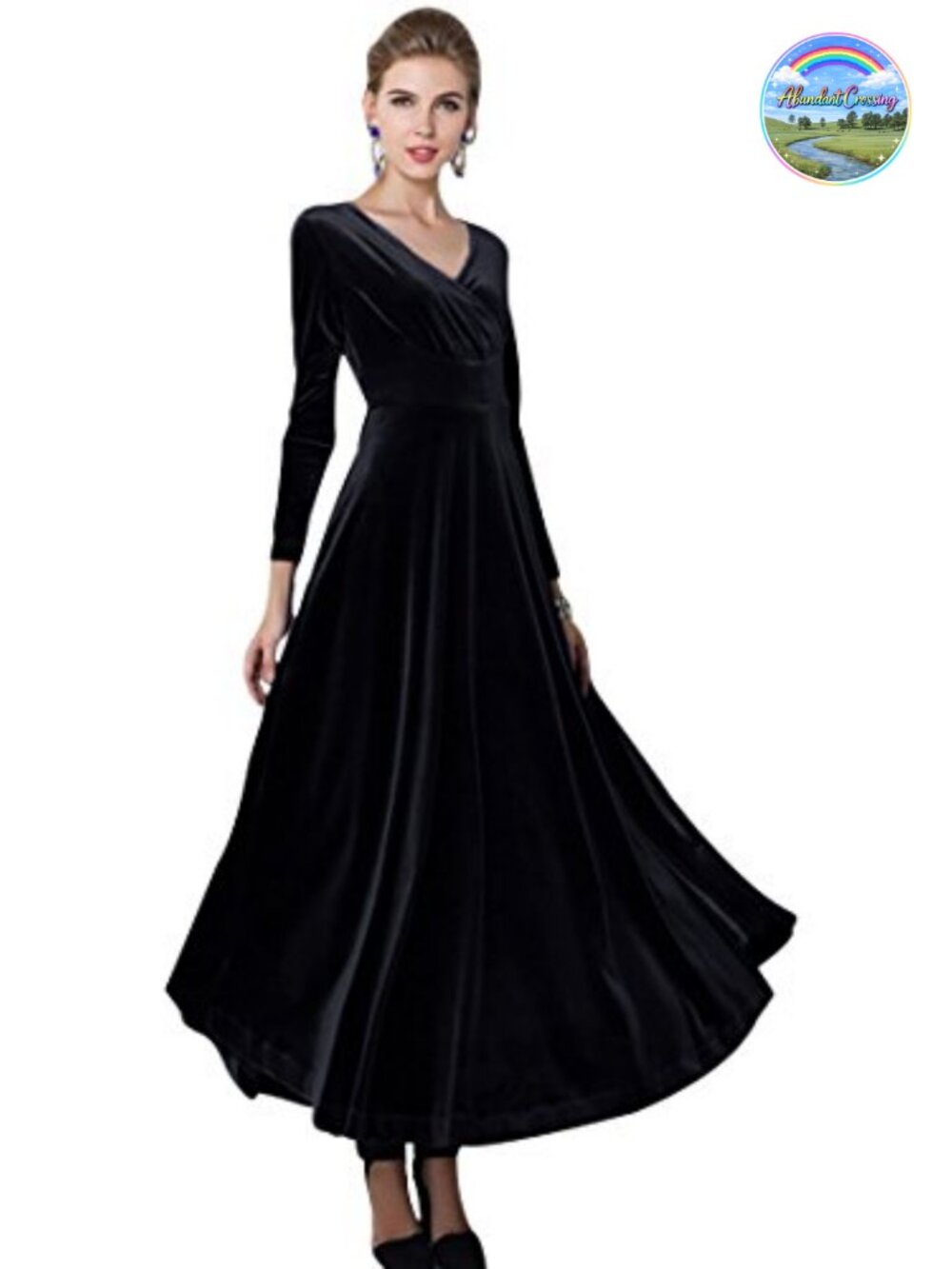Urban CoCo Long Sleeve V-Neck Gold Velvet Stretchy Long Dress